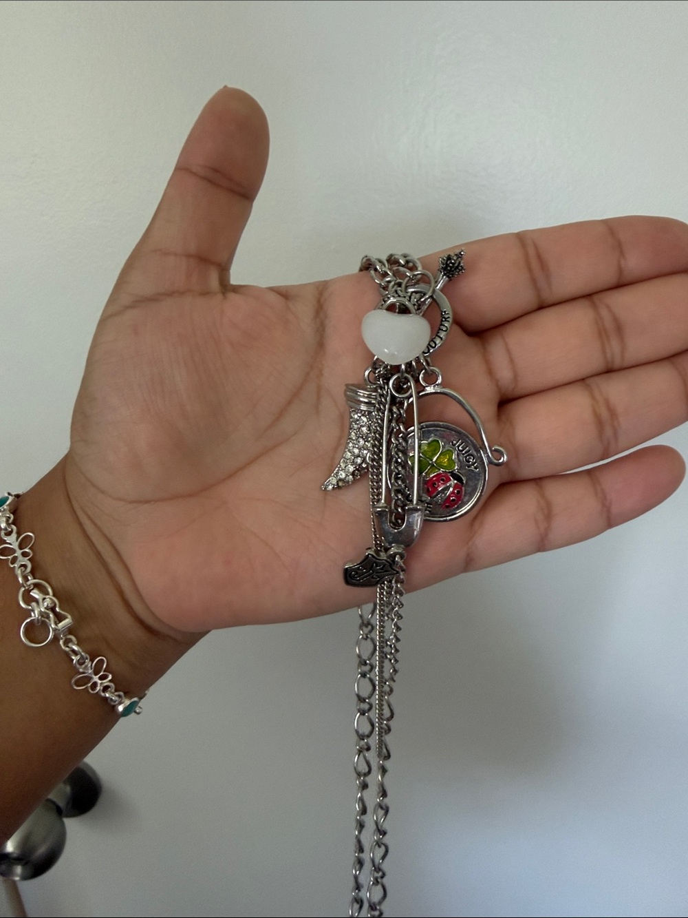 Silver-Tone Multi-Charm Necklace with White Heart and Colorful Accents